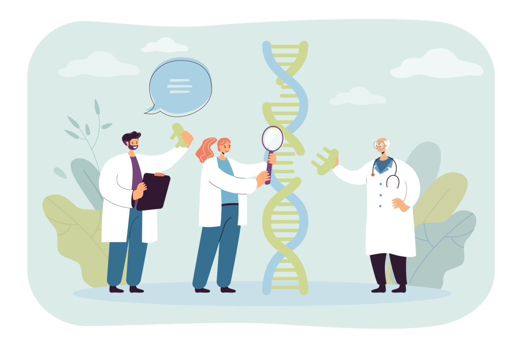 Illustration depicting rare disease medical professionals studying DNA.